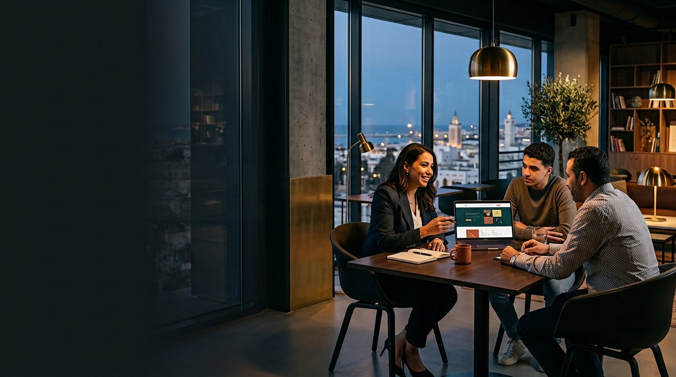 Une consultante Tuniserv accompagne un entrepreneur et un apprenant autour de leur projet numérique